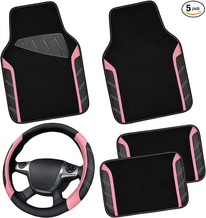 CAR PASS Microfiber Steering Wheel Cover and Waterproof Car Floor Mats,Leather Universal Car Combo Fit for 95% Truck,SUV,Cars,14.5-15inch Sporty Anti-Slip Safety Comfortable Design(Black and Pink)