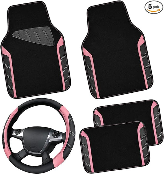 CAR PASS Microfiber Steering Wheel Cover and Waterproof Car Floor Mats,Leather Universal Car Combo Fit for 95% Truck,SUV,Cars,14.5-15inch Sporty Anti-Slip Safety Comfortable Design(Black and Pink)