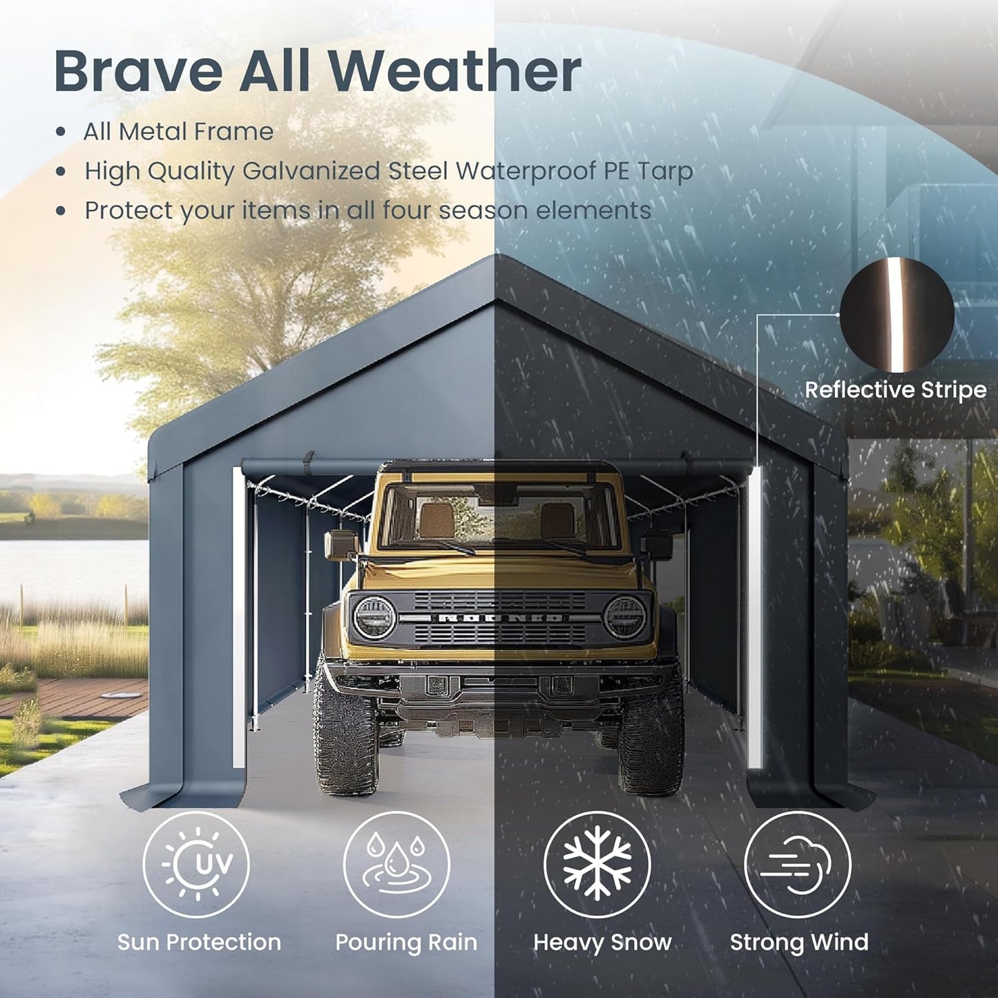 PHI VILLA 13'x24'x9.6' Outdoor Portable Storage Shelter Shed Garage with Roll up Zipper Doors & Vents Carport for Motorcycle Waterproof and UV Resistant Anti-Snow Portable Garage Kit Tent, Gray