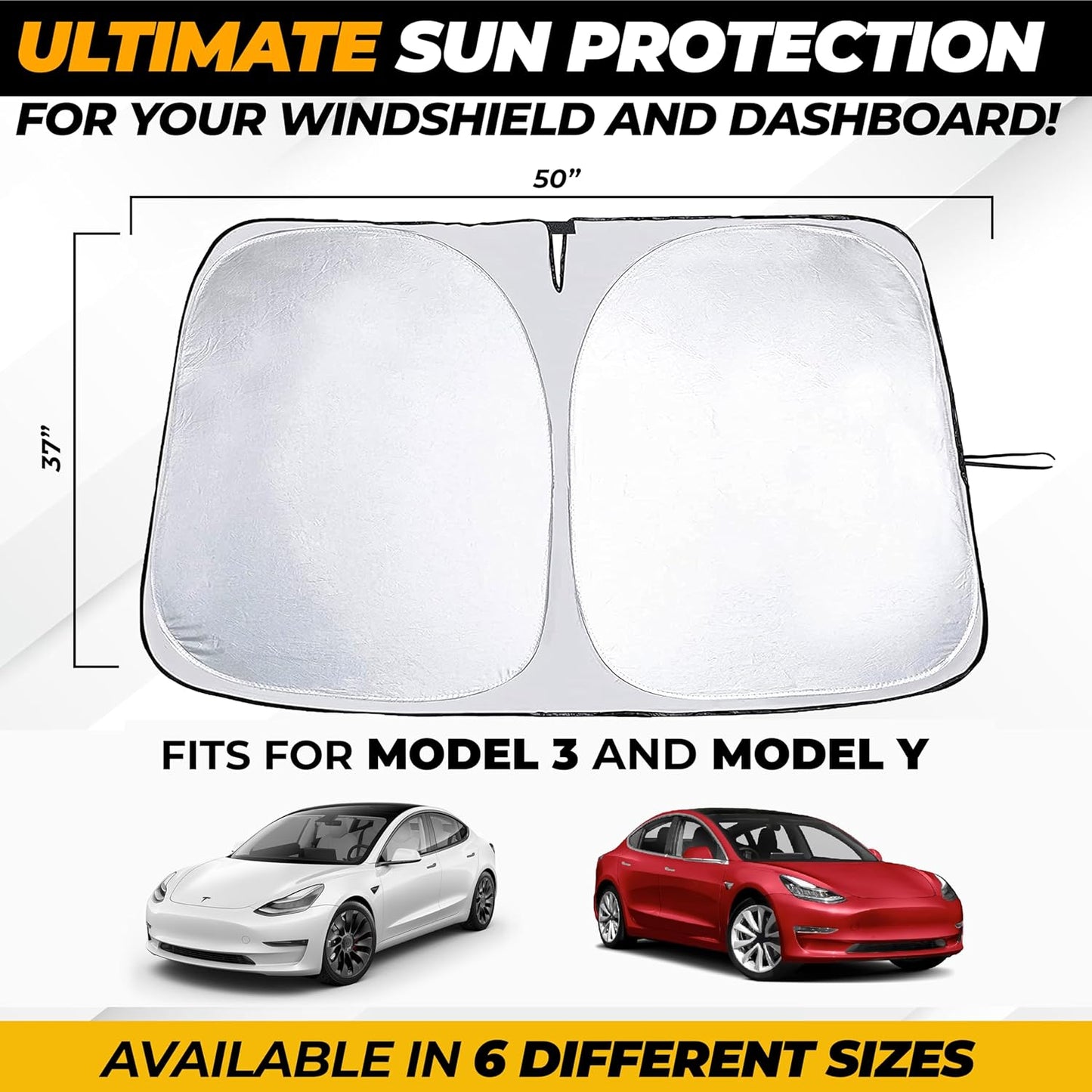 Tesla Windshield Sun Shade for Model(3/Y)(2016–2025) – XX-Large 56" x 36", Foldable Front Sunshade with Storage Bag | Reflective 240T Polyester | Blocks UV Rays&Heat – Interior Protection Accessory
