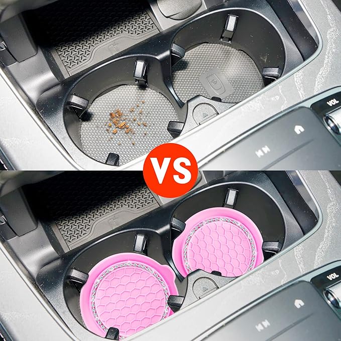 Amooca Car Cup Coaster Universal Non-Slip Cup Holders Bling Crystal Rhinestone Car Interior Accessories 4 Pack Pink