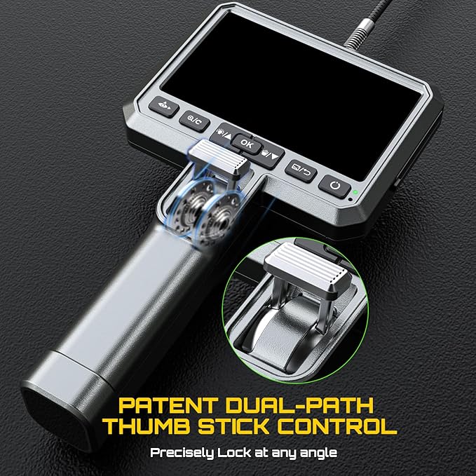 DXZtoz Dual-Lens Articulating Borescope, 6.5mm Slim Probe, Two-Way 210°Rotate Industrial Endoscope, 5'' Dual Screen Inspection Camera with Light for Aircraft Automotive Mechanic Electrician-5FT