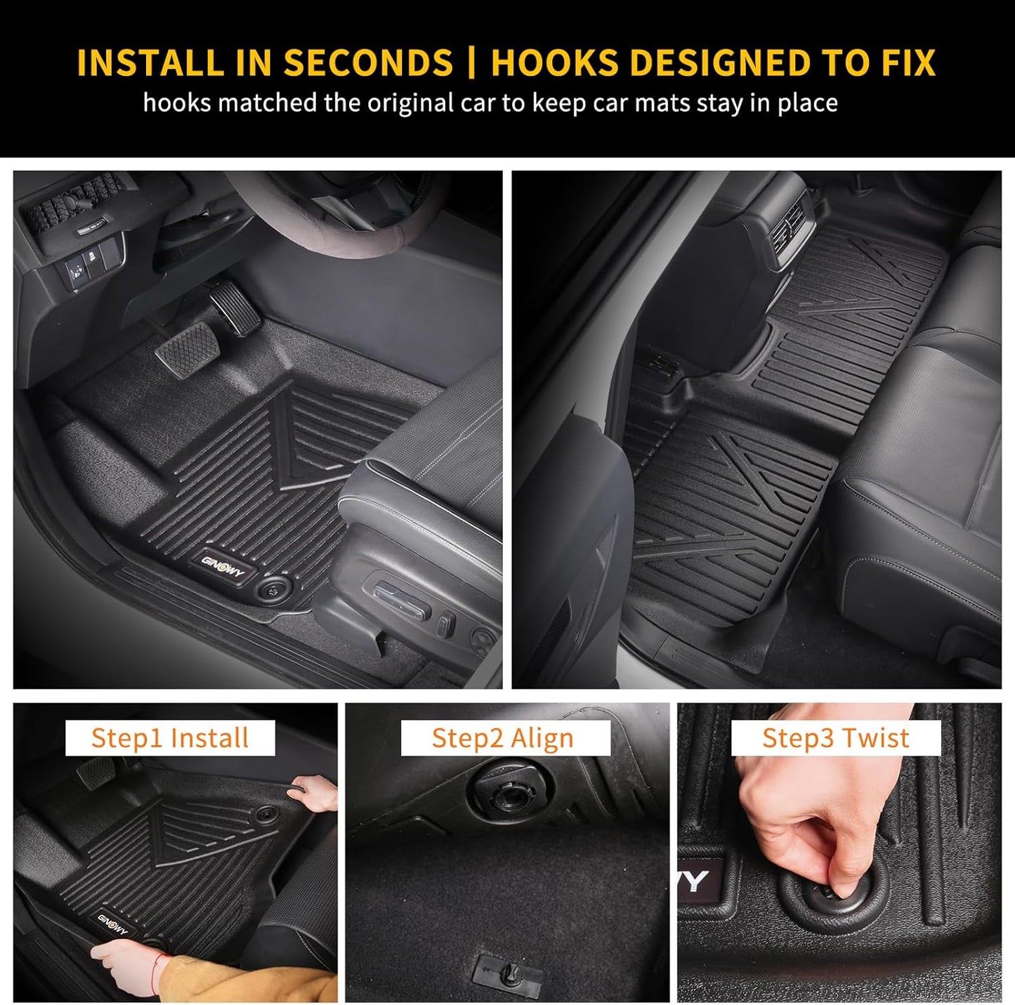 GINOWY-Floor Mats for Hyundai Santa Cruz 2022-2024 2025, TPE All Weather Car Mats Santa Cruz, Custom Fit Floor Liners, Heavy Duty Non-Slip Soft 3D Laser Car Accessories Mats-Black