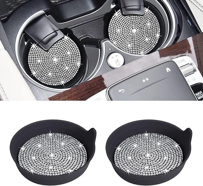 Amooca Car Cup Coaster Universal Non-Slip Cup Holders Bling Crystal Rhinestone Car Interior Accessories 2 Pack Black Whole Rhinestone