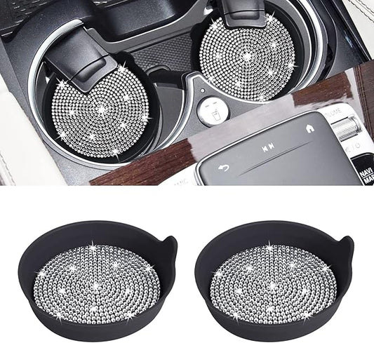 Amooca Car Cup Coaster Universal Non-Slip Cup Holders Bling Crystal Rhinestone Car Interior Accessories 2 Pack Black Whole Rhinestone