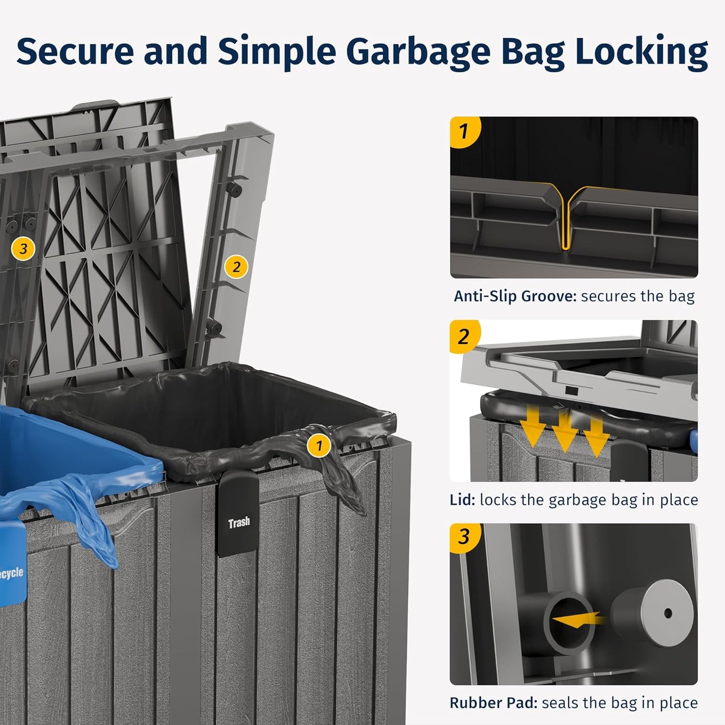 EAST OAK 62 Gallon Outdoor Trash Can | Waterproof Resin Garbage Can with Recycle and Garbage Labels | Secure Bag Lip Lock and Drip Tray | Outside Trash Bin for Patio | Kitchen, Backyard or Deck | Gray