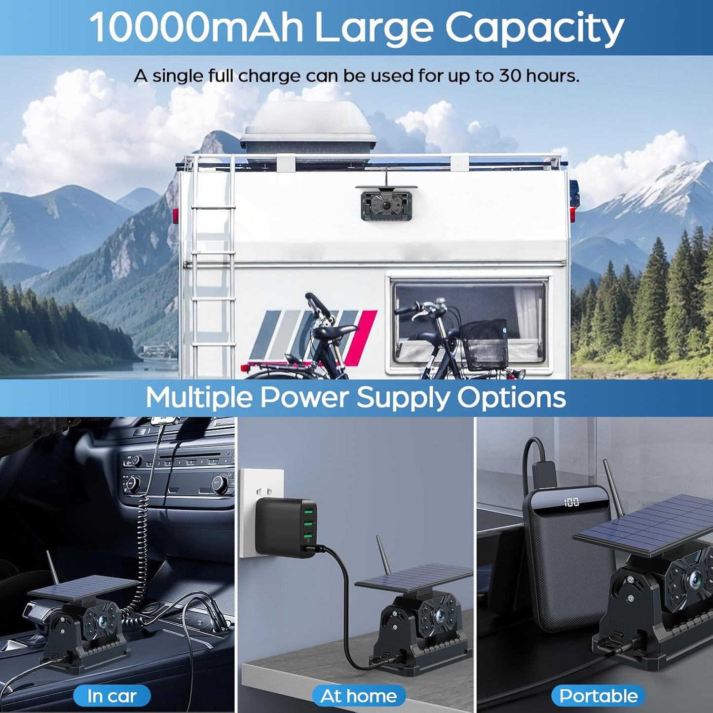 2 Magnetic Solar Wireless Backup Camera Built-in 10000mAh Battery & Solar Panel HD1080P 7" DVR Monitor 1Min DIY Installation Rechargeable Reverse Camera System for Hitch Towing Travel RV 5th Wheel