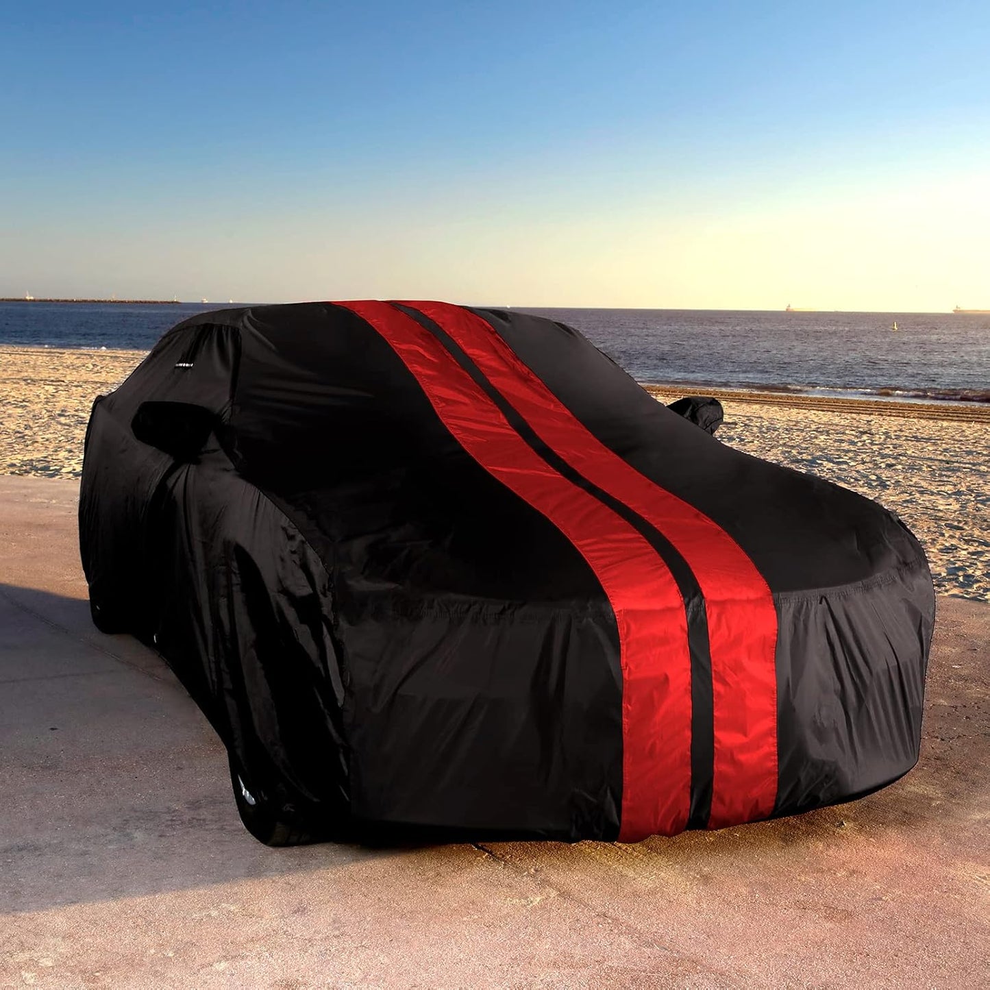 iCarCover Custom Car Cover Compatible with Mustang 1979-2004, Waterproof All Weather Rain Snow UV Sun Protector Full Exterior Indoor Outdoor Car Covers, Stripe (Black/Red)