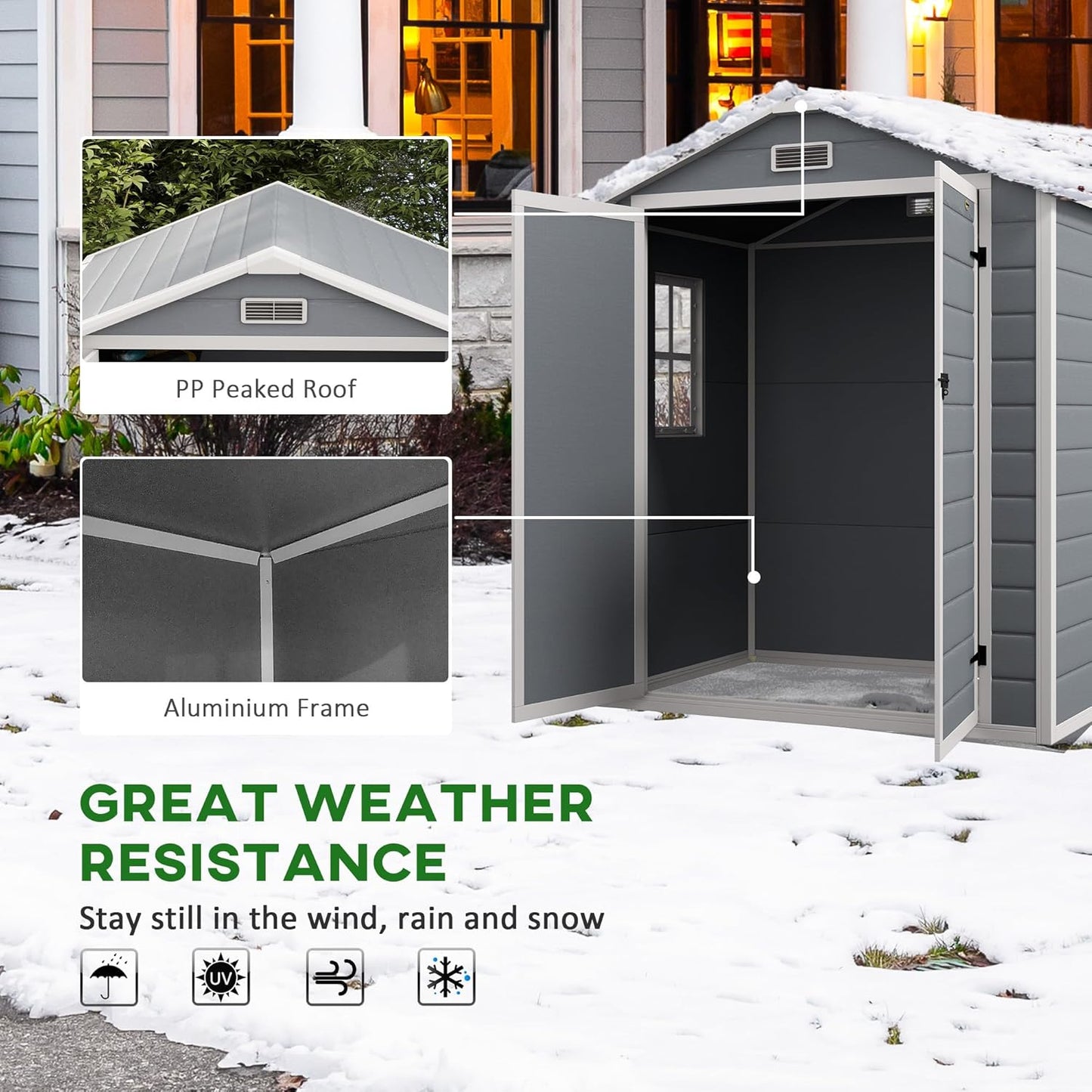 Outsunny 6' x 4.5' Outdoor Storage Shed, Plastic Shed with Vent, Window and Double Lockable Doors, Utility Resin Shed for Patio, Backyard, Lawn, Garage, Gray