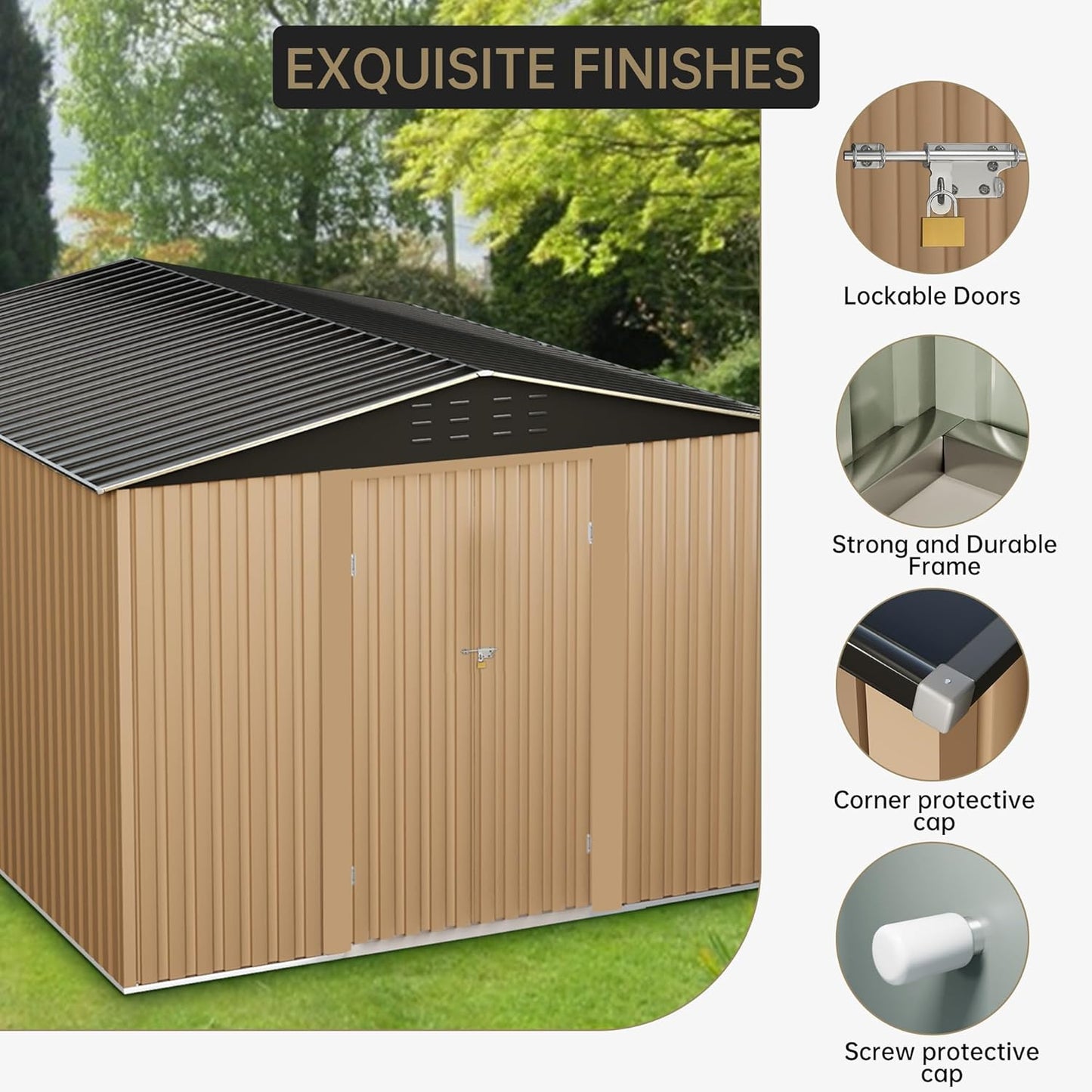 8X8FT Outdoor Metal Storage Shed, Lockable Weatherproof Garden Shed for Tools & Equipment, Durable Galvanized Steel with Sloping Roof & Ventilation, Ideal for Backyard, Patio & Garage Storage, Brown
