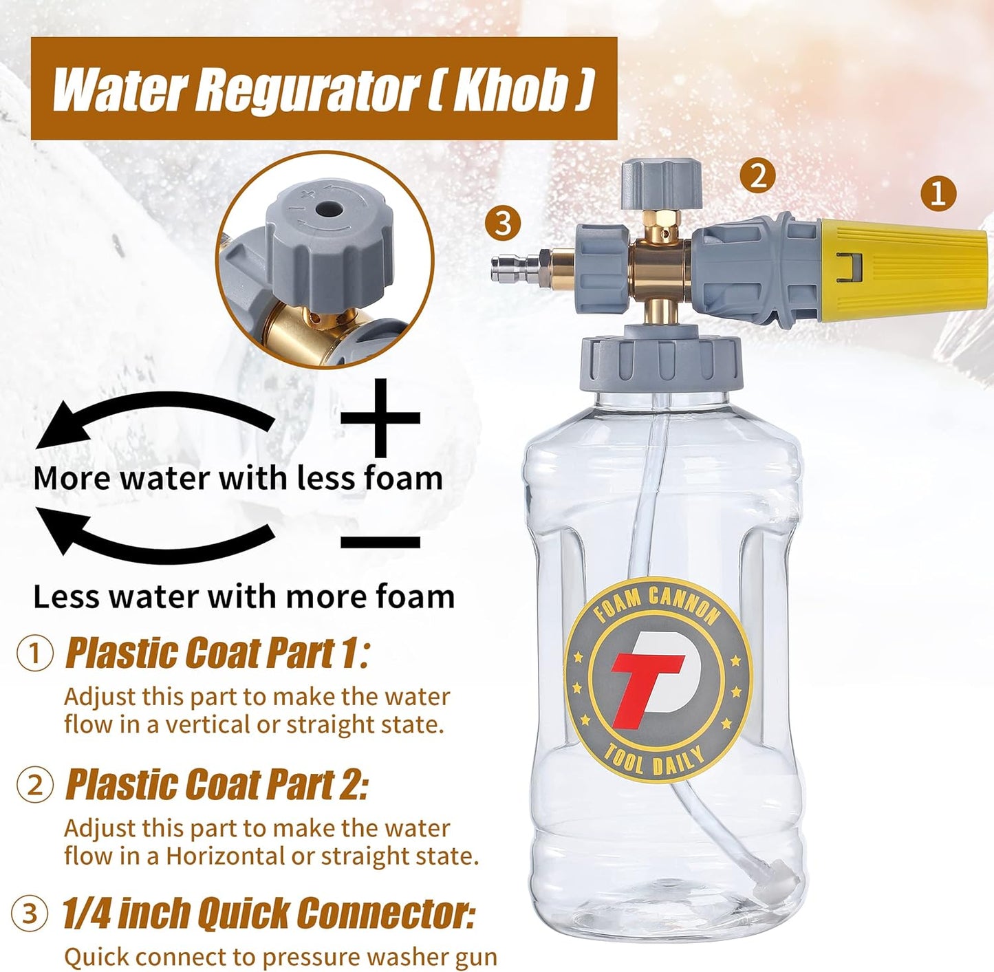 Tool Daily Foam Cannon, Adjustable Foam Blaster, Snow Foam Lance with M22 and 1/4 Inch Quick Connect, Additional Orifice Nozzle 1.1mm, 1.5 Liter