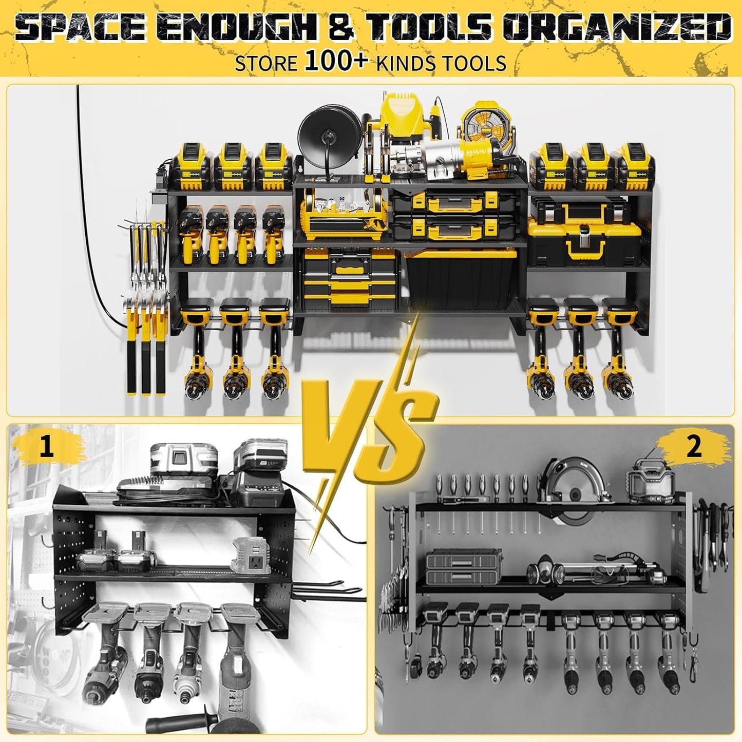 45" Large Power Tool Organizer Wall Mount with Charging Station - 3 Layer Storage Racks with 8 Cordless Drill Holder, 4 Hooks, Heavy Duty Garage Tool Organizer Storage for Workshop Pegboard Basement