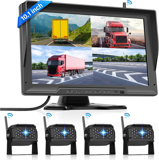 1080P Wireless Backup Camera Digital System Kit, Hodozzy 10.1 Inch HD 4 Quad Split Screen Reversing Monitor with Loop Record, Night Vision/IP68 Waterproof/Rear View Camera RV/Truck/Trailer/Bus/Camper