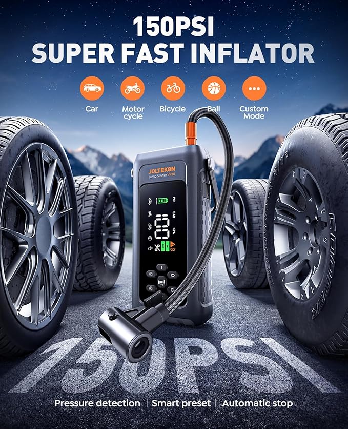 Car Battery Jump Starter with Air Compressor 4500A 150PSI, Car Jumper Starter Portable (9L Gas/8L Diesel), Jump Box Car Battery with Auto-Shutoff Tire Inflator, Jumper Cables and Light