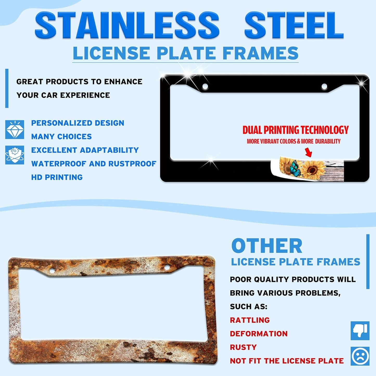 Black and White Flame License Plate Frame Fire License Plate Holder for Front or Rear Car Tags Stainless Steel Funny Car Decoration with Screws 6.3 X 12.2 in