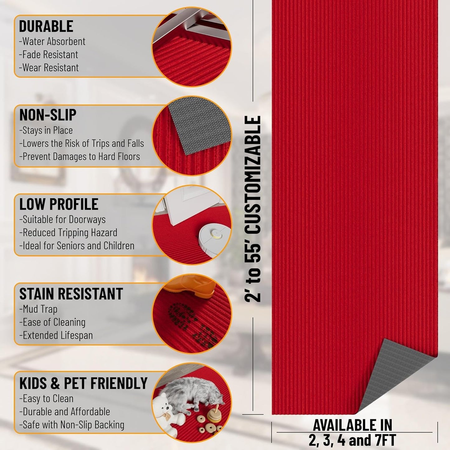 Ottomanson 2' x 15' Hallway Runner with Scraper Pile - Extra Durable Non-Slip Rug Mat for Indoor & Outdoor Use - Ideal for Kitchen, Entryway, Patio & Garage - High-Traffic Carpet, Red