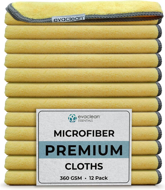 EvaClean Premium Microfiber Cleaning Cloth 16"x16" - Reusable, Washable, Non-Scratch, Microfiber Towels for Cleaning, Dusting, Polishing, High Absorbency & Durability, Yellow, 12-Pack