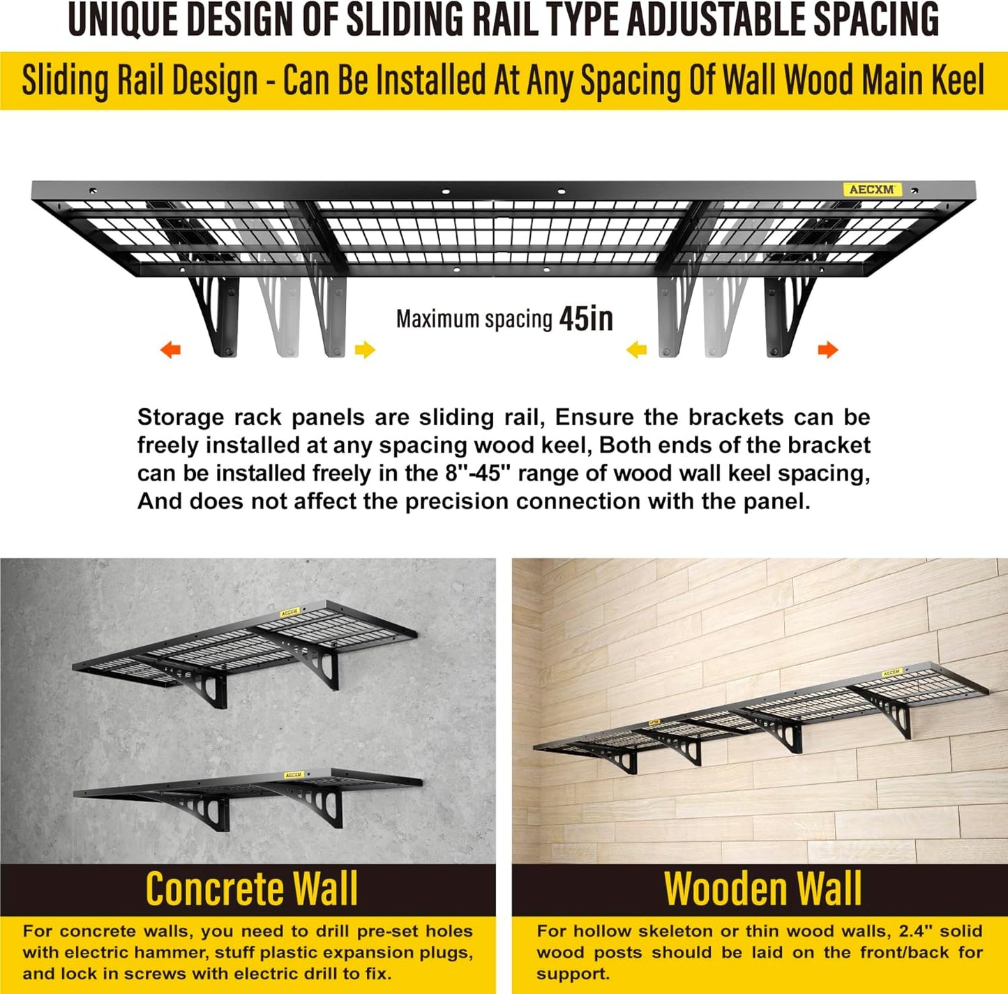 1.64x4ft 2Pack Wire Shelving Unit Heavy Duty Garage Storage Shelves Wall Mounted Black 560lbs Load Capacity（20-inch-by-48-inch）