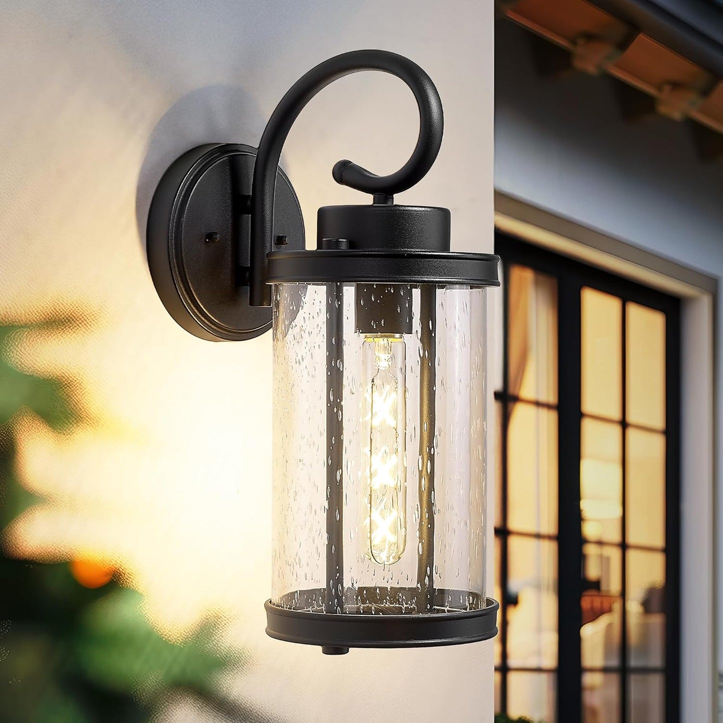 kudos Porch Lights Outdoor, 15.8 inch Large Cylinder Wall Light, E26 Sockets, Anti-Rust Waterproof Light Fixtures Wall Mount for Patio, Black with Seeded Glass, KDOWL01-BK-L
