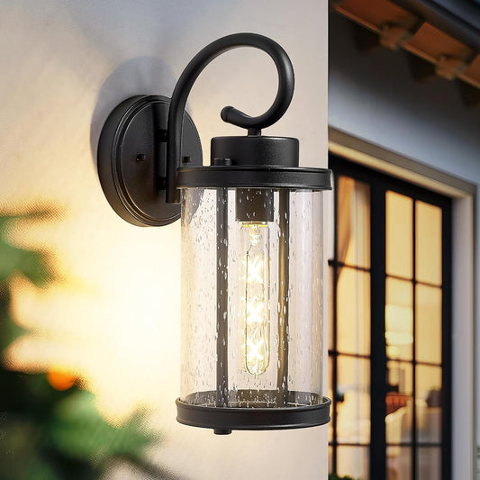 kudos Porch Lights Outdoor, 15.8 inch Large Cylinder Wall Light, E26 Sockets, Anti-Rust Waterproof Light Fixtures Wall Mount for Patio, Black with Seeded Glass, KDOWL01-BK-L