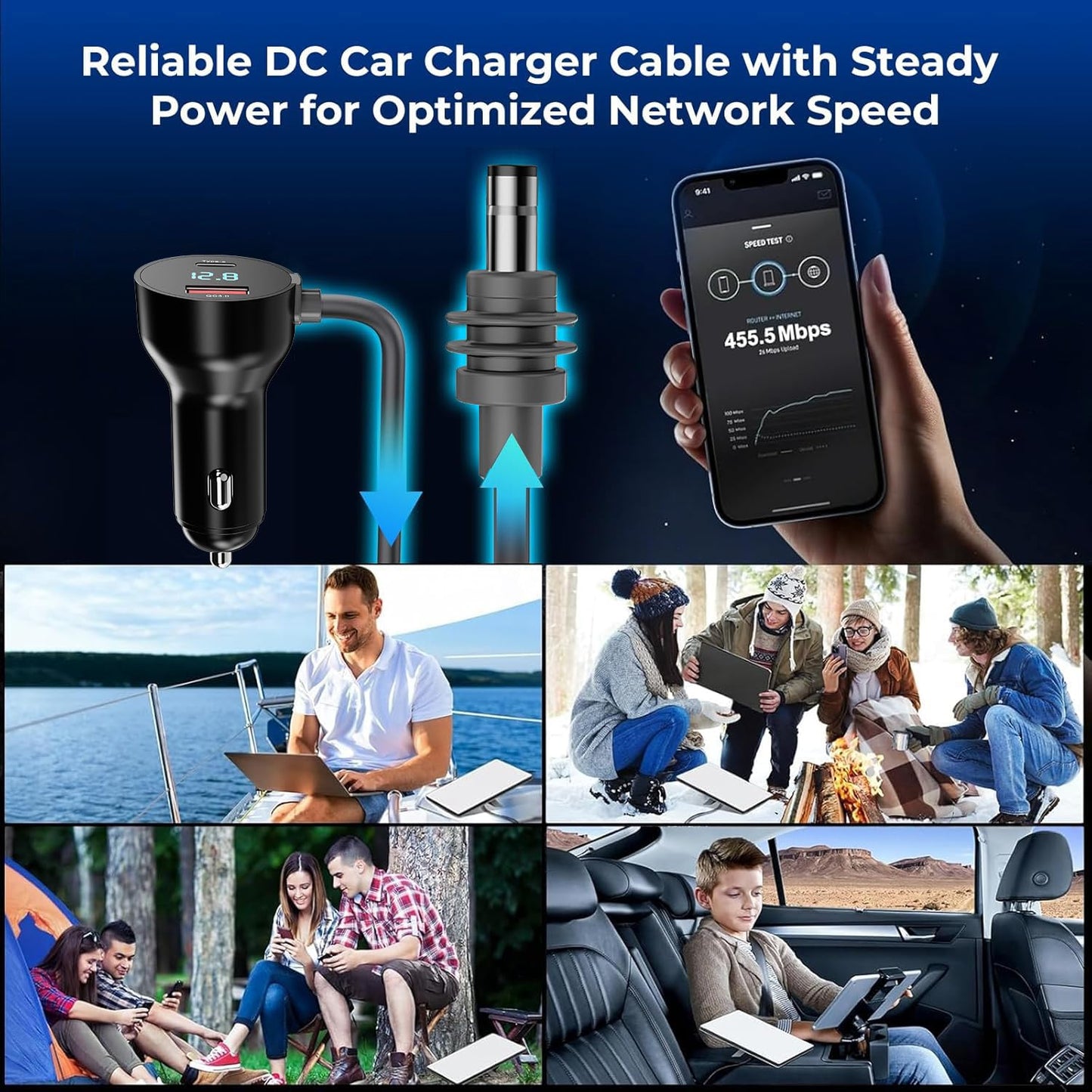 3 in 1 Starlink Mini Cable 10FT, Starlink Mini Car Charger DC Power Cable+Cigarette Lighter Adapter 12V-48V with Digital Display, Durable USB C PD 36W/USB A 18W Ports for Trucks and Cars