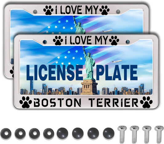 License Plate Holder Black and White License Plate Frames I Love My Boston Terrier Aluminum Metal Car Accessory 2 Pack with Screw Covers Set