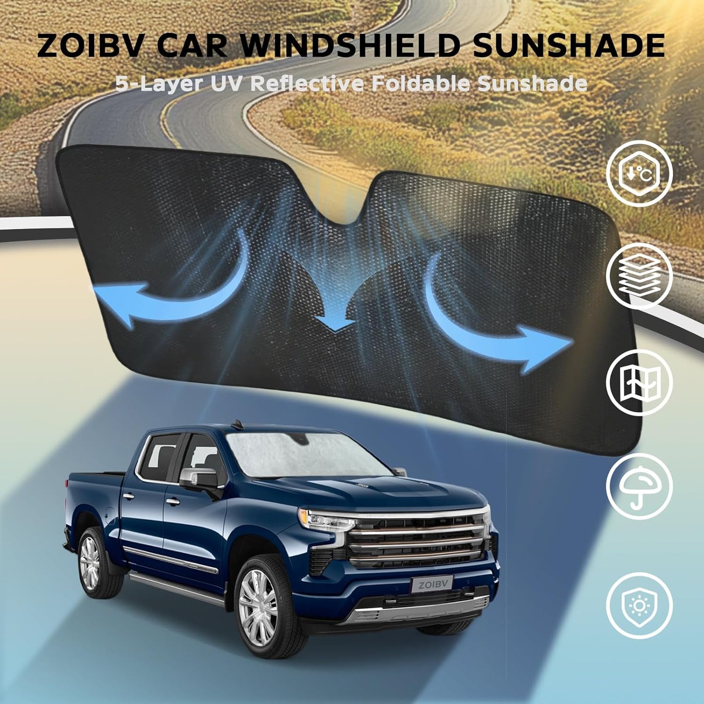 Windshield Sun Shade for Chevrolet Chevy Silverado 1500 2019-2025 Regular Cab, Crew Cab, Double Cab 2Dr 4Dr - 5-Layer Foldable Bubble Foldable Front Window Shade Sun Visor Accessories