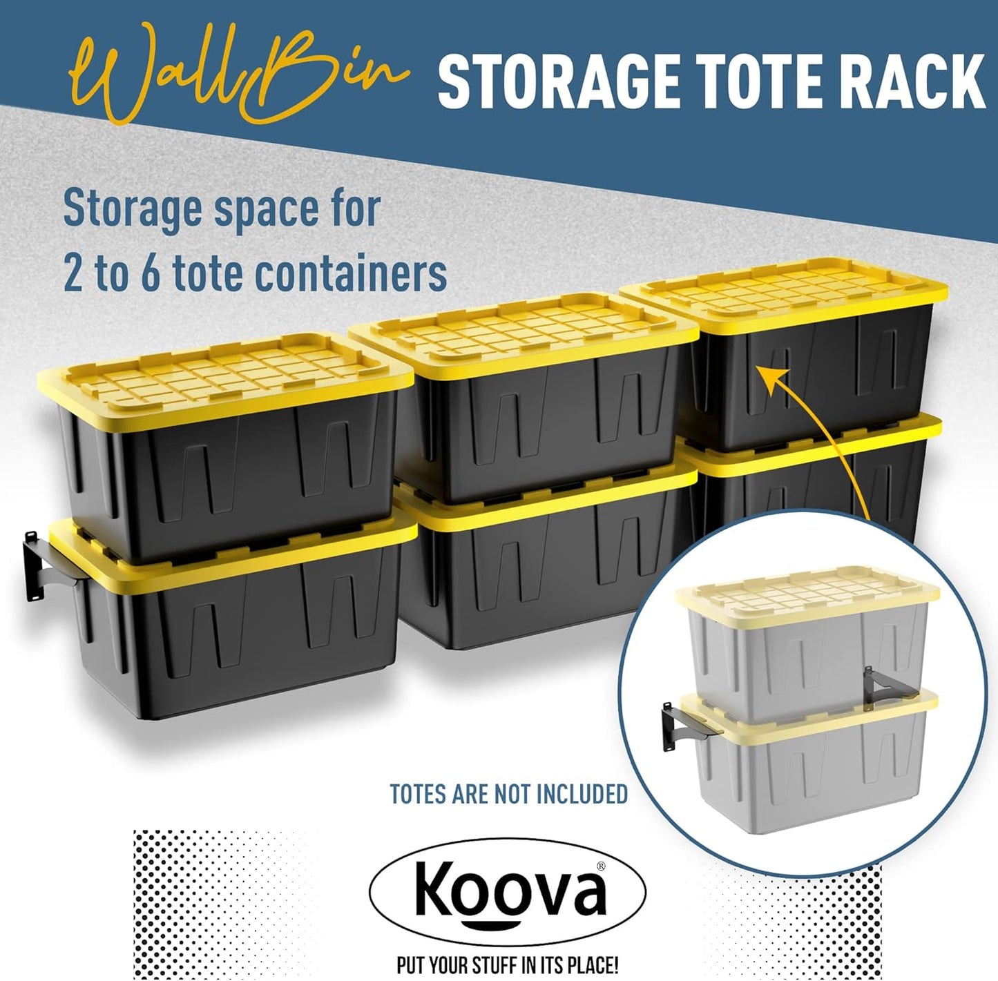 Koova Wall Mounted Tote Rack Storage System, Fits 27-Gallon Black and Yellow Commander Style Bins, Wall Mount Bracket Shelves for Garage Organization, Heavy Duty Steel, Made in USA (1-Piece Add-on)