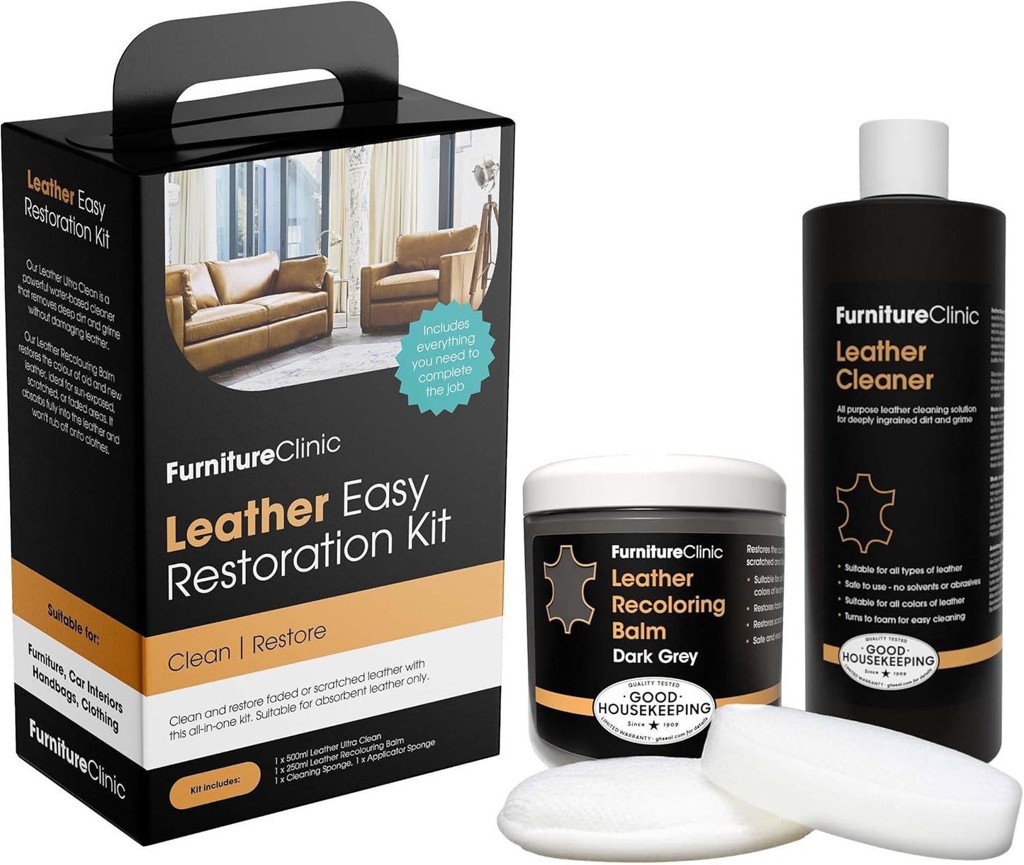 Furniture Clinic Leather Easy Restoration Kit | with Leather Recoloring Balm, Cleaner, Sponge, and Cloth | Leather Repair Kit for Scratched and Faded Furniture (Dark Grey)