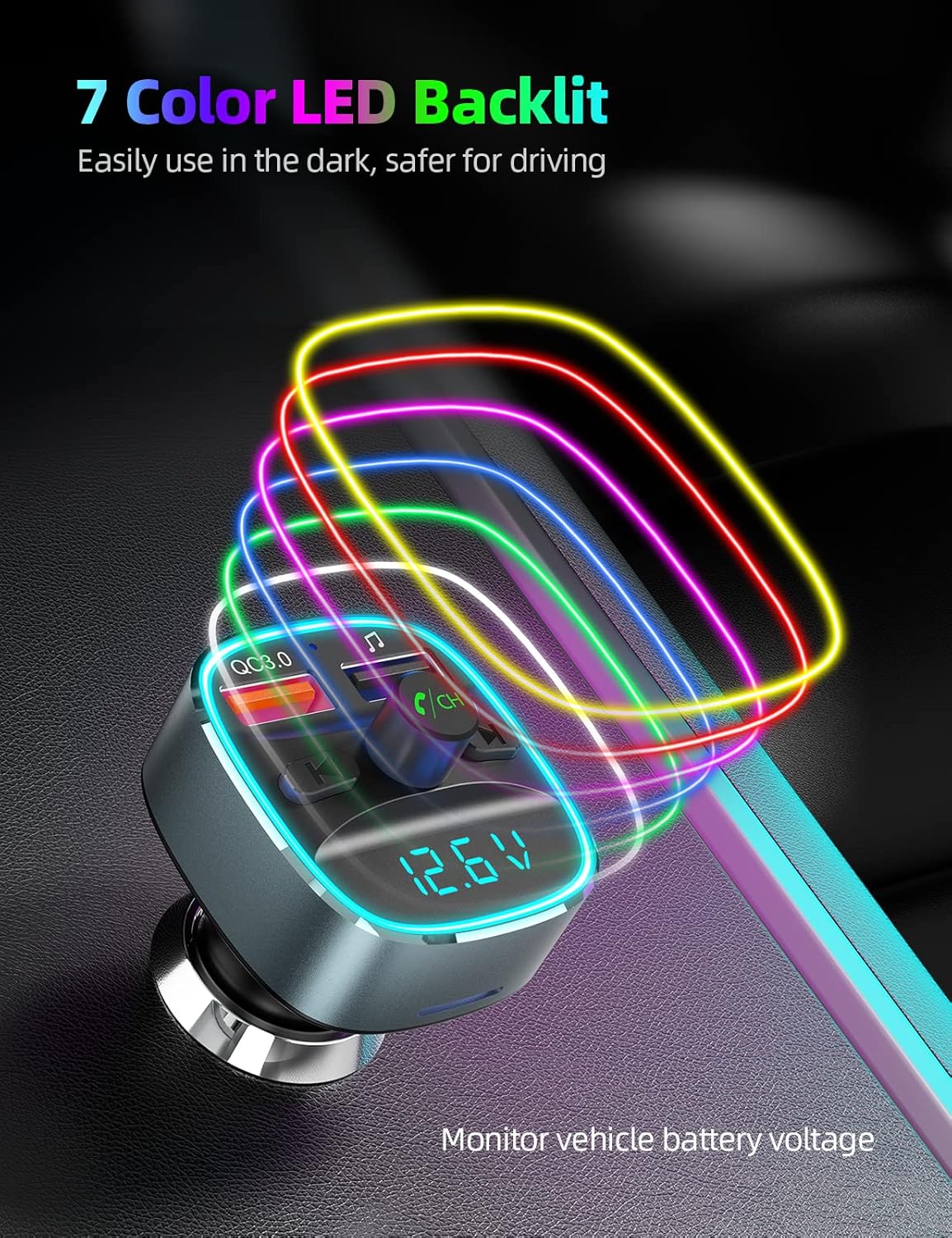 Nulaxy Bluetooth FM Transmitter for Car,Bluetooth Car Adapter with Dual USB Charging Car Charger MP3 Player Support TF Card & USB Disk,Hands-Free Calling,7 Colors Led Backlit Light-Gray