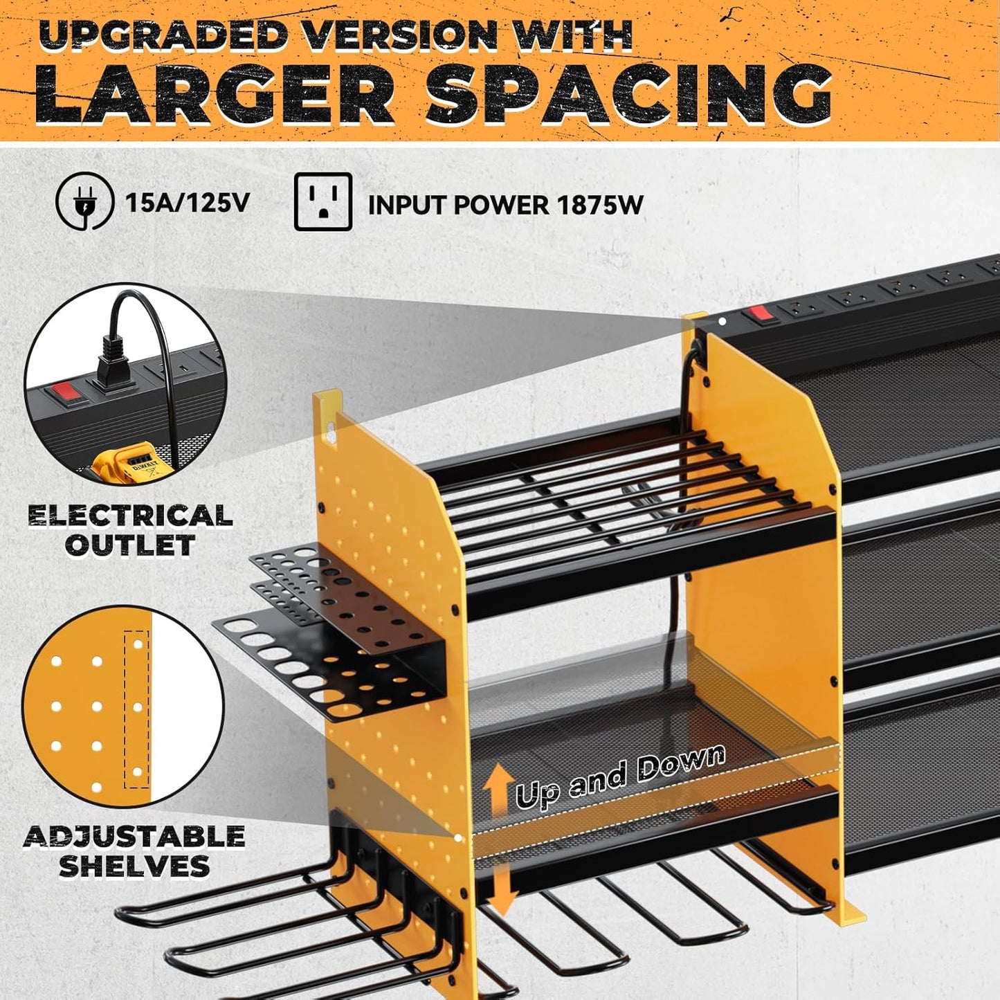 Upgrade Large Power Tool Organizer Wall Mount with Charging Station Tool Storage Rack with 6.5FT Power Strip 10 Drill Holder and Storage Rack for Garage Organization