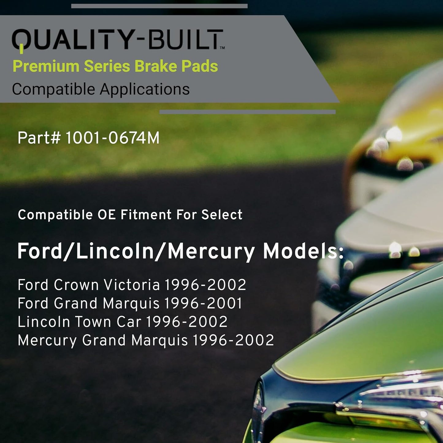 Premium Semi-Metallic Rear Brake Pads (1001-0674M) Compatible with Ford Crown Victoria 2002-1996, Grand Marquis 2001-1996, Lincoln Town Car 2002-1996, Mercury Grand Marquis 2002-1996