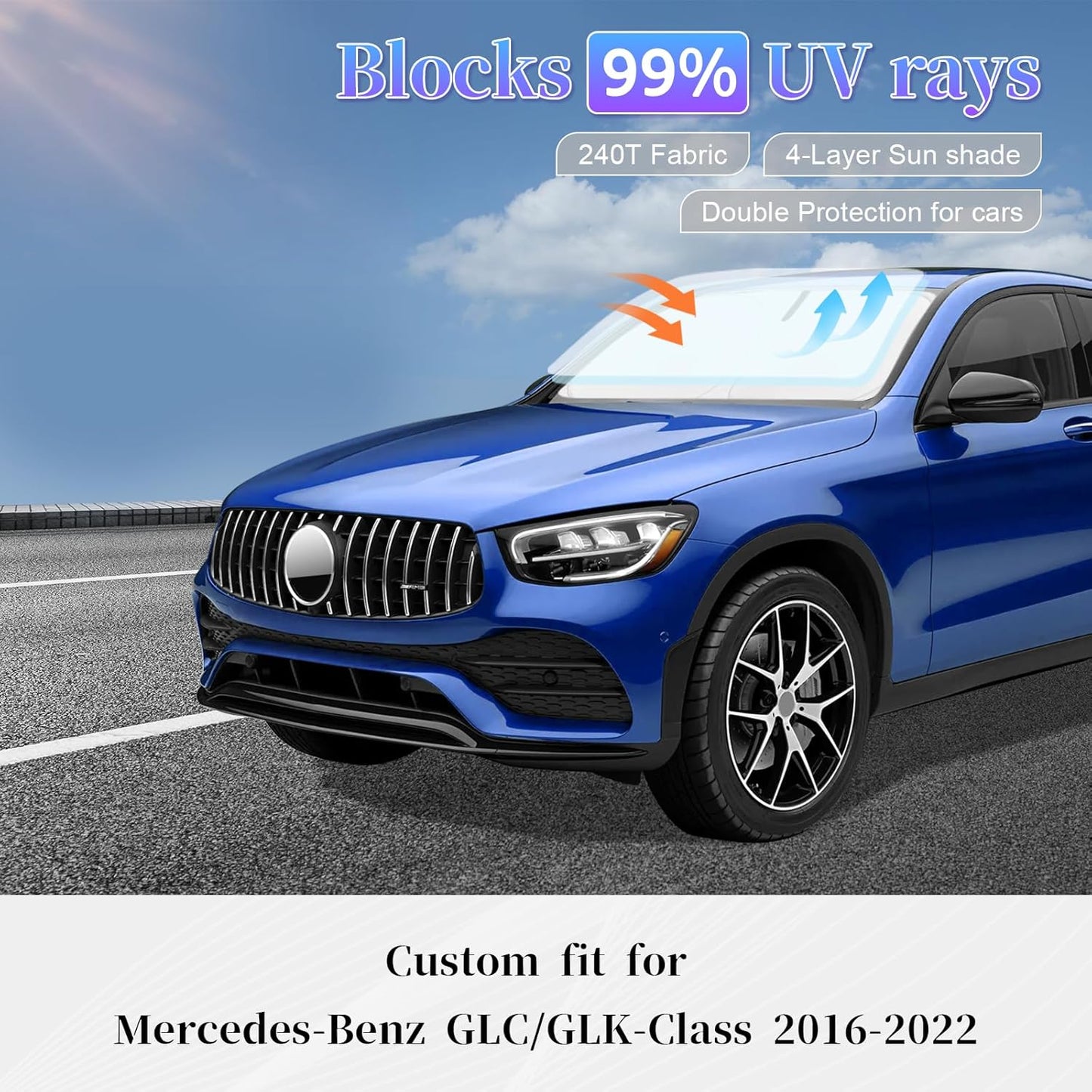 Sun Shade Sunshade for 2016-2025 Mercedes-Benz GLC300 GLK SUV Windshield Cover, 4-Layer Front Window Shade Custom fit Sun Visor 240T Retractable Shield Shade Blocks UV Rays Cooler Car Accessories