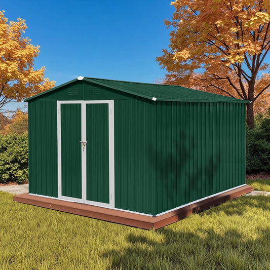 10' x 8' XL Outdoor Storage Shed, Sturdy Metal Building w/Lockable Doors for Garden, Backyard, Poolside and Lawn, Green
