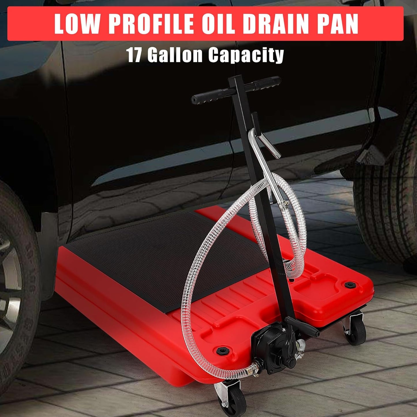 ‌17 Gal Low Profile Oil Drain Pan, Heavy Duty Mobile Oil Changing Pan with Hand Pump, 8 Ft Hose & Quick Drain Valve, Leak-Proof Design for Truck Car Motorcycle, Garage Workshop Use