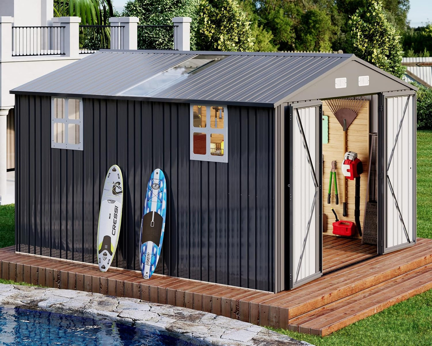 AMERLIFE 10.1x11.5x7.4 FT Galvanized Steel Storage Shed with Dual Transparent Panels, 2 4-Pane Windows & Hinged Double Doors, Outdoor Shed for Backyard, Patio, Garden, Dark Grey