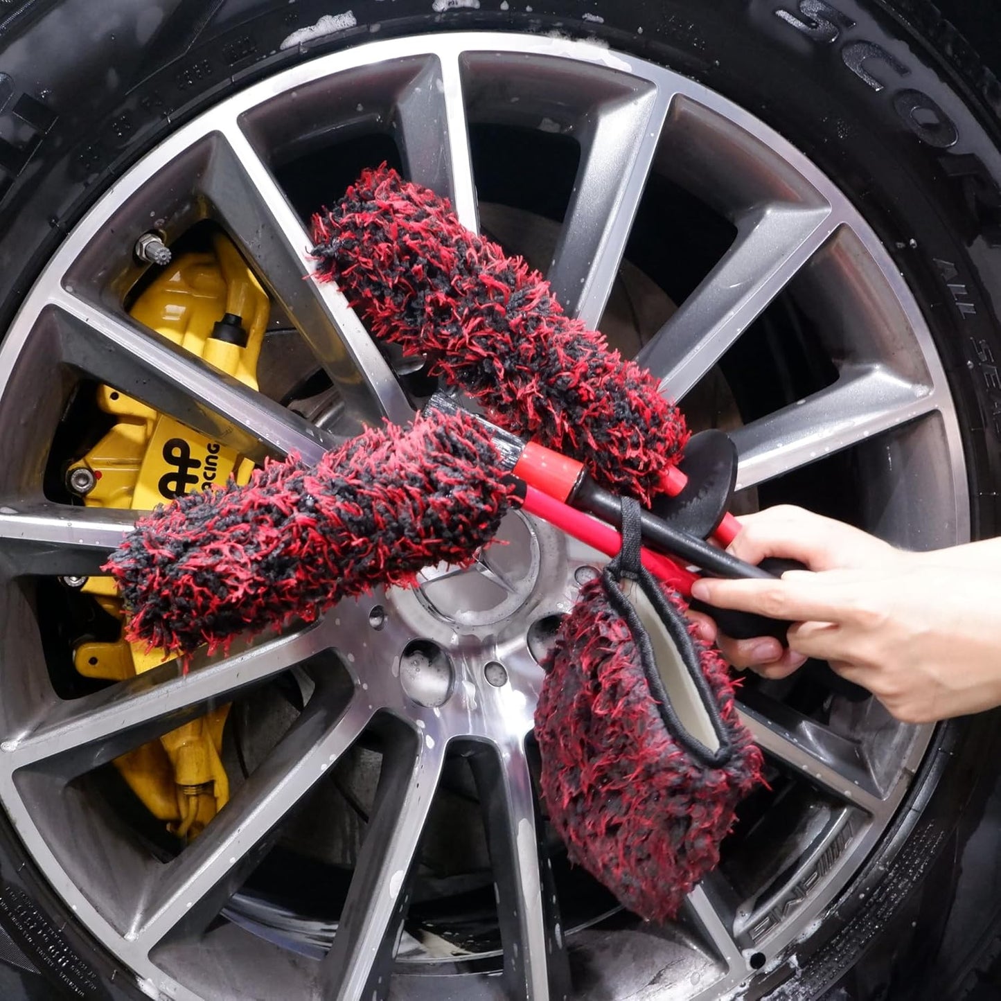 Metal Free Microfiber Wheel Brush Kit- Microfiber Angled Wheel Brush, Long Handle Wheel Brush, Tire& Detailing Brush, Wheel Wash Mitt. Hands-On Wheel Detailing Kit for Daily Wheel Cleaning