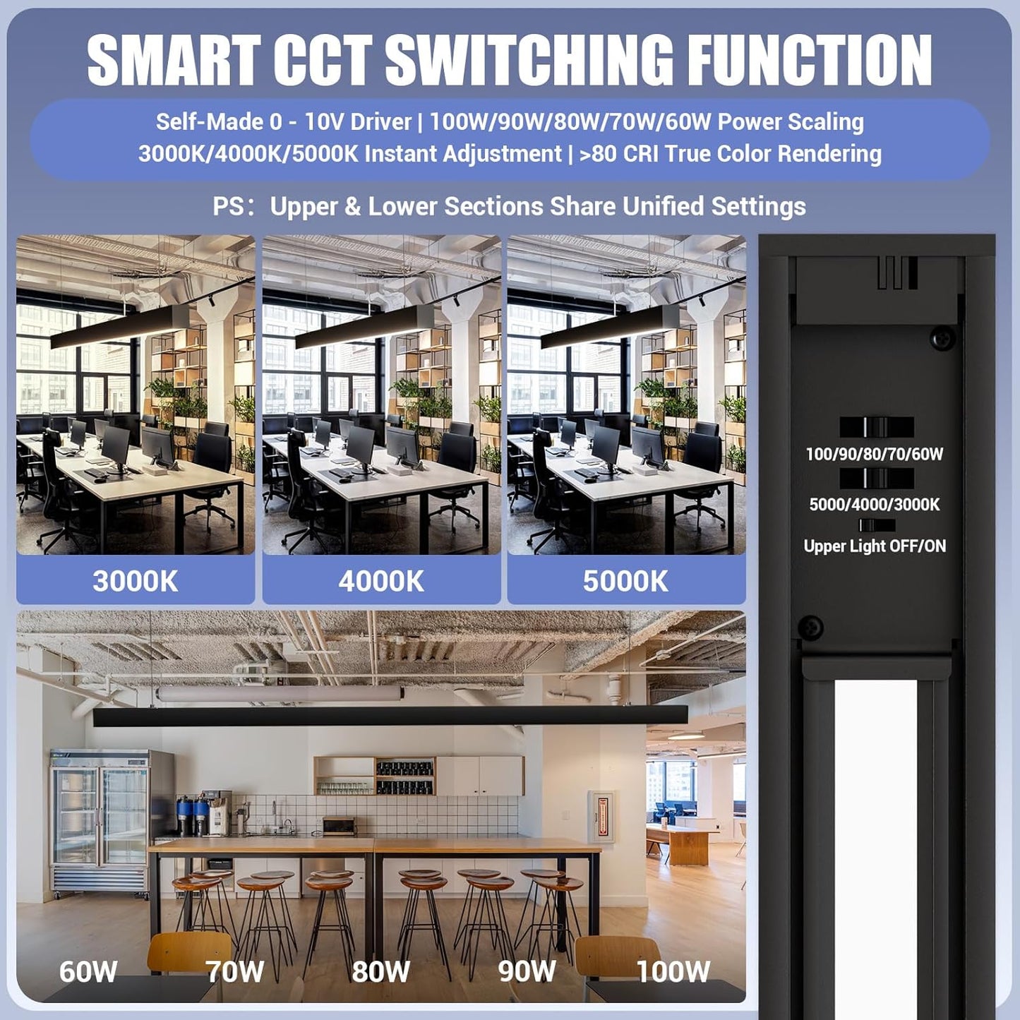 8FT LED Linear Lights 100/90/80/70/60W Up and Down Light, 3000K/4000K/5000K 8 Feet Commercial Linkable Shop Lighting for Office Garage Shop Dining Room bar, 0-10V Dimmable 8’ Architectural Fixture,ETL