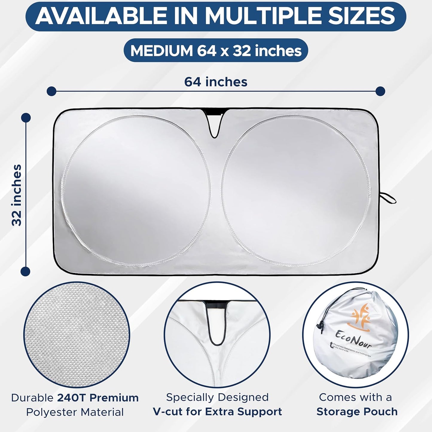 EcoNour Mirror Cut Foldable Windshield Sun Shade for Car | 240T UV & Heat Reflective Sunshade with Storage Pouch | Keeps Interior Cool | Fits Most Sedans, SUVs & Trucks – Medium (64" x 32")