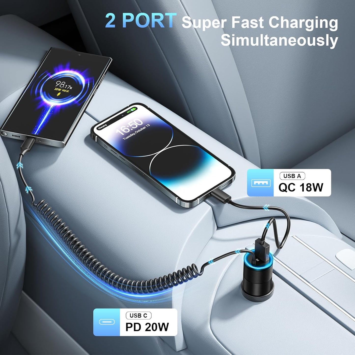 Car Charger USB C,38W Super Fast Car Adapter with PD 3.0 Bulit in 3.5FT USB C Coiled Cable,Car Phone Charger Fast Charging Compatible with iPhone 16/15 Pro Max,Galaxy S25/S24/S23 Note 20/10,Pixel