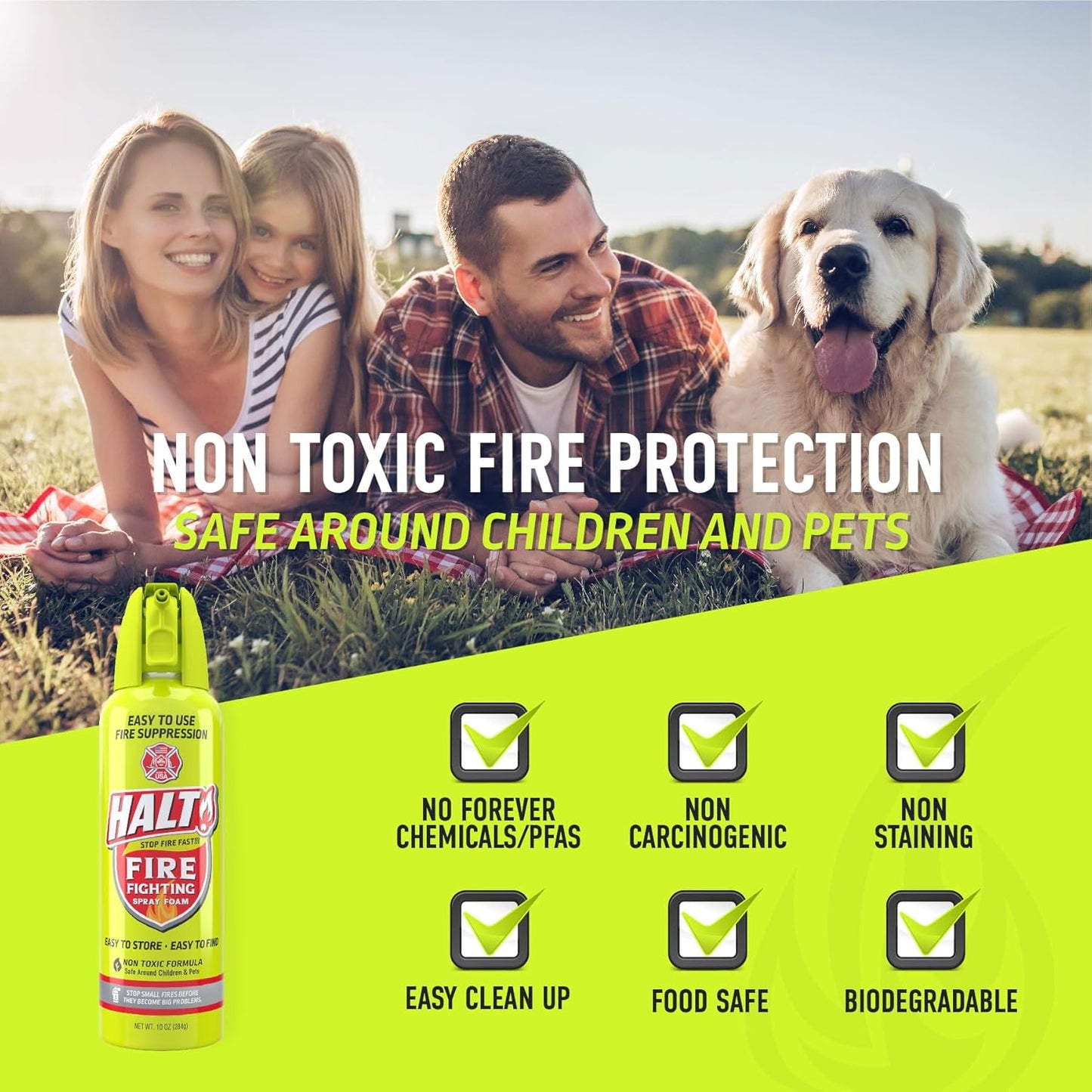 HALT! Fire Fighting Foam Spray – Non-Toxic, PFAS Free, Easy to Use, Store & Find in Emergency – Compact & Portable – Ideal for Home, Kitchen, Apartment, Car, BBQ, Tailgate – Made in USA (Single Pack)