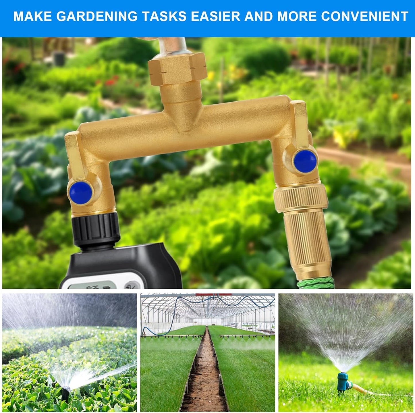 Brass Garden Hose Splitter, Garden Hose Splitter 2 Way Heavy Duty, with 2 304 Stainless Steel Extension Handles, 2-Way Y-Valve 3/4” GHT Threads (Increase Flow Style)