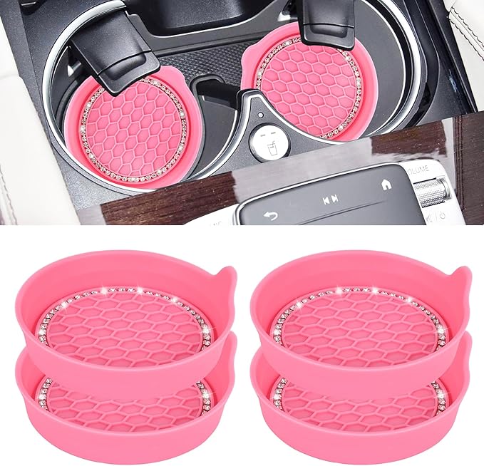 Amooca Car Cup Coaster Universal Non-Slip Cup Holders Bling Crystal Rhinestone Car Interior Accessories 4 Pack Peach Pink