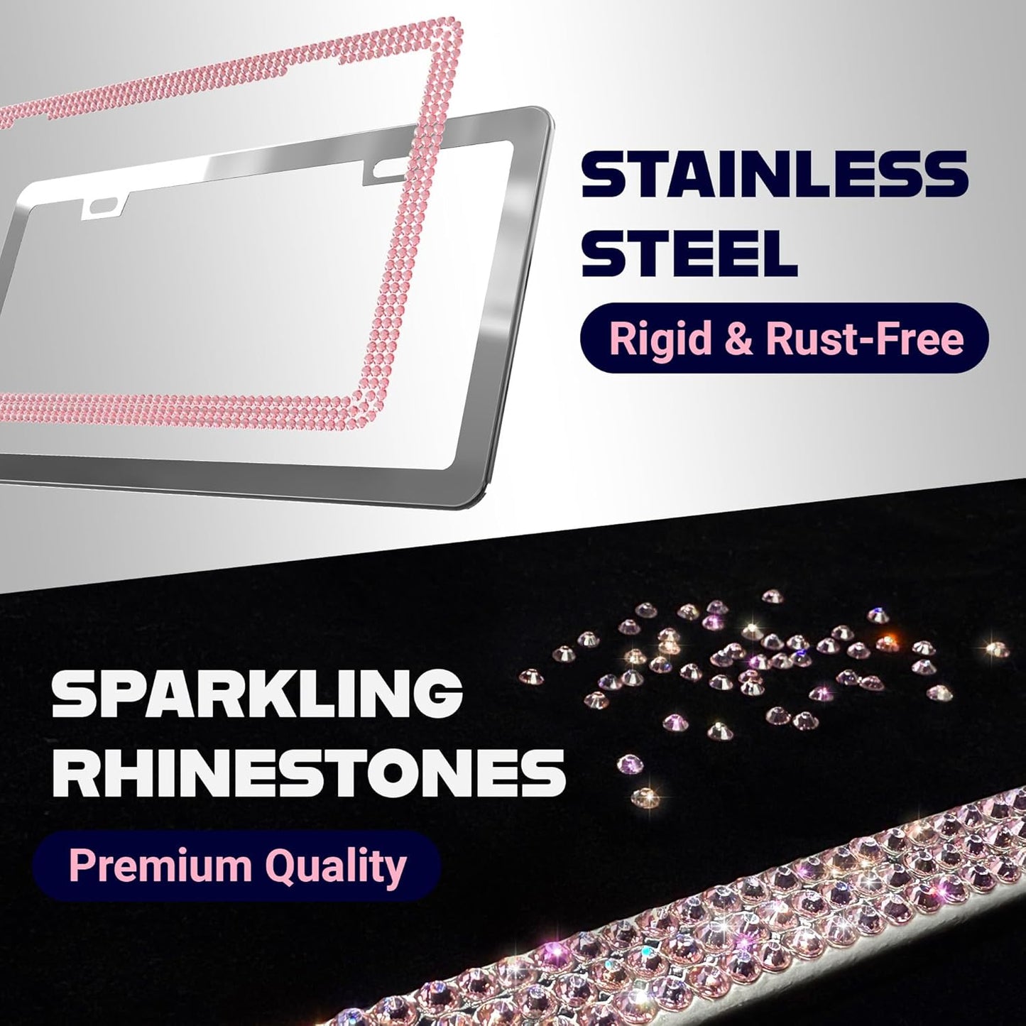 Glamorous Bling License Plate Frame for Women - 1 Pack, 800 Premium Pink Rhinestones, Rust-Free Stainless Steel, Street Legal Slim Design, Sparkly Diamond Car Tag Holder with Glitter Crystal Covers