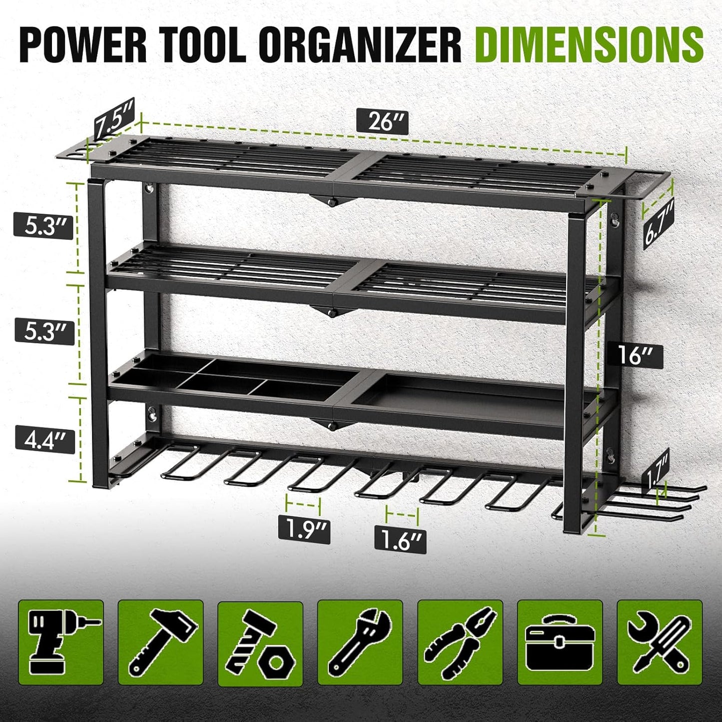 MAXIFFE 4 Layer Power Tool Organizer Wall Mount, Heavy Duty Metal Cordless Tool Organizers and Storage Rack Holder with 9 Drill Holders for Garage Storage Organization, Gifts for Men, Black, 26 inch