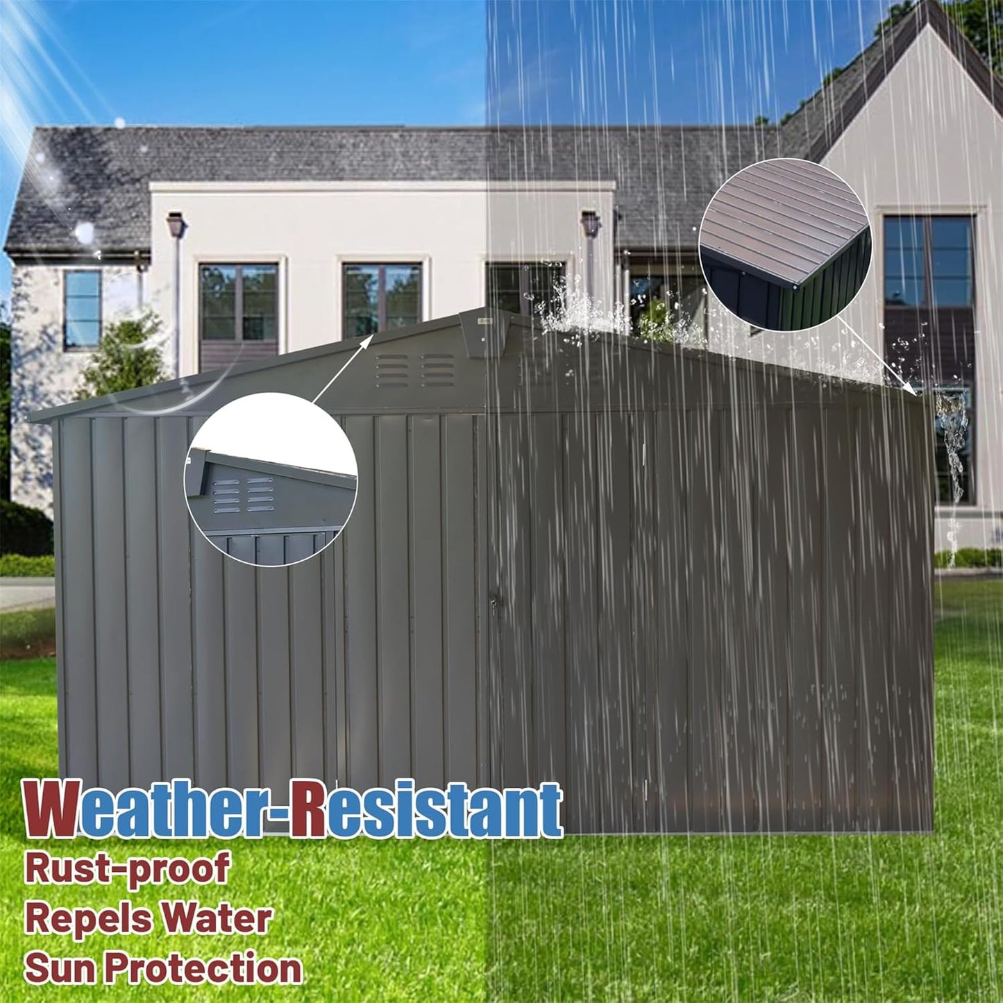 IKERY Large Galvanized Steel Storage Shed - 11' x 9' with Windows and Lockable Door, Outdoor Garden and Utility Tool Shed for Backyard and Patio, Dark Gray