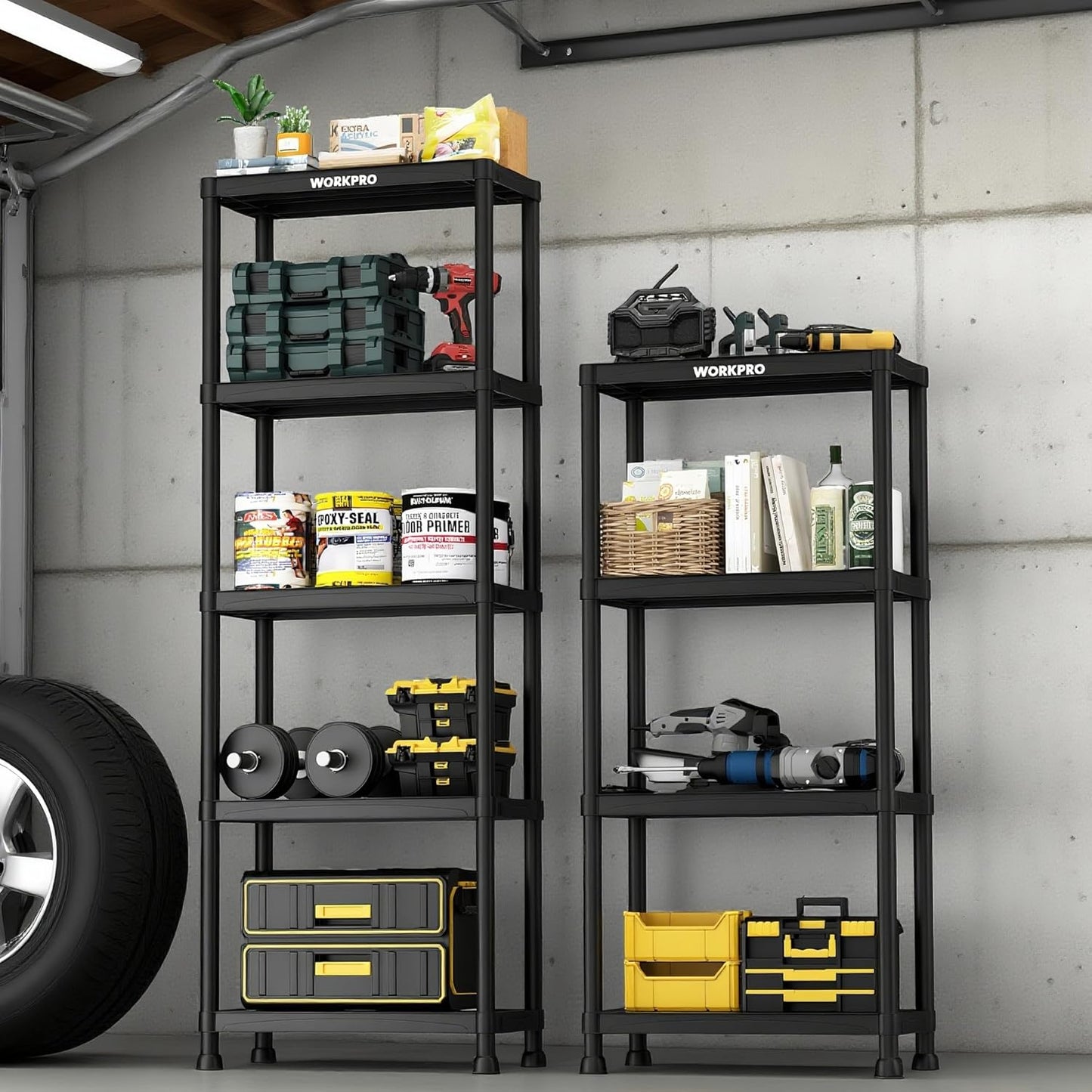 WORKPRO 4-Tier Plastic Storage Shelves, 400lb Capacity Shelving Unit, 51.4" H x 23.9" W x 12" D, Storage Rack for Garage, Home, Pantry, Office, Laundry, Tool-Free Assembly, Black