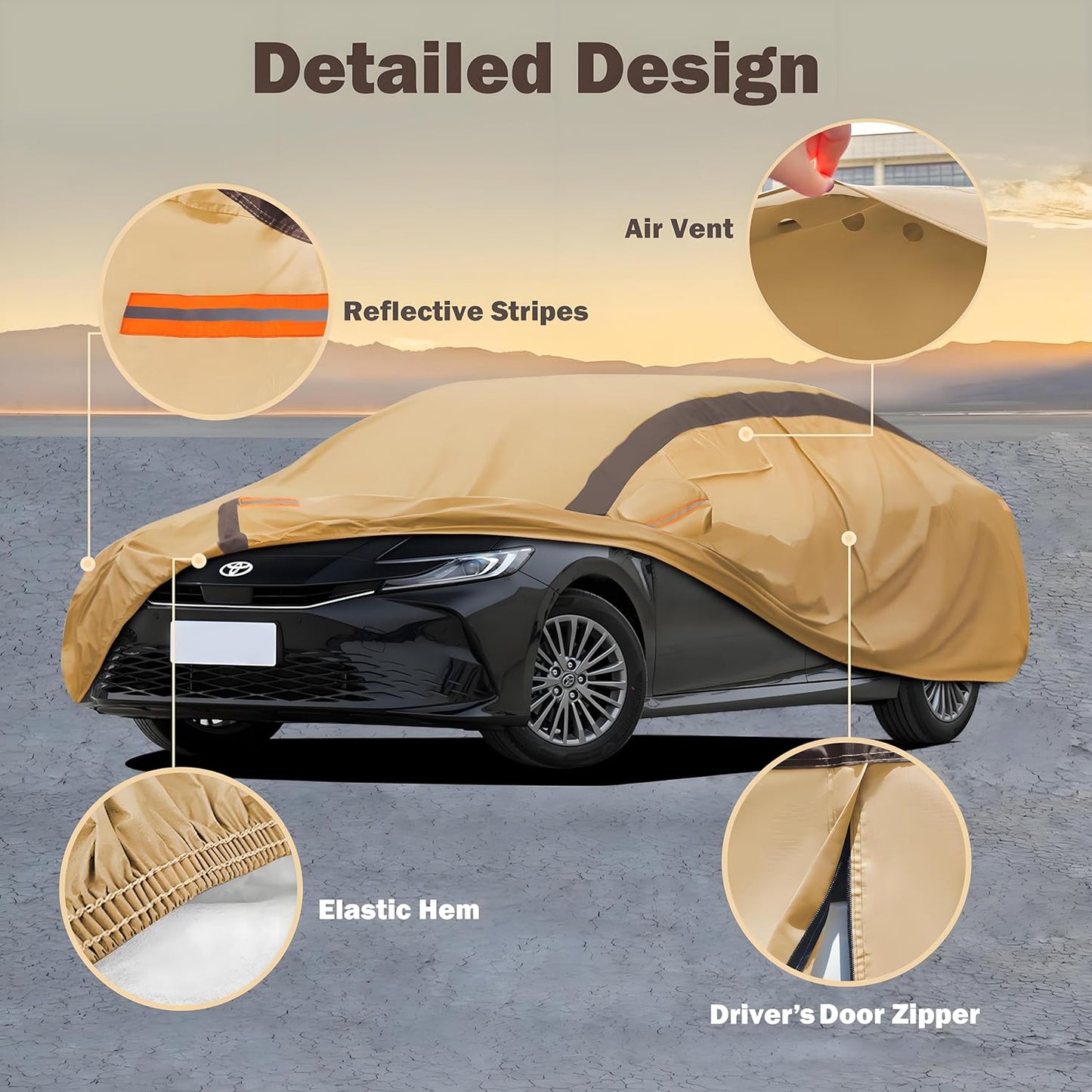 Car Cover Waterproof All Weather Compatible with Toyota Camry Sedan Solara (1996-2024), Outdoor Anti-UV Sun Rain Protection Full Exterior Cover (Camel with Brown)