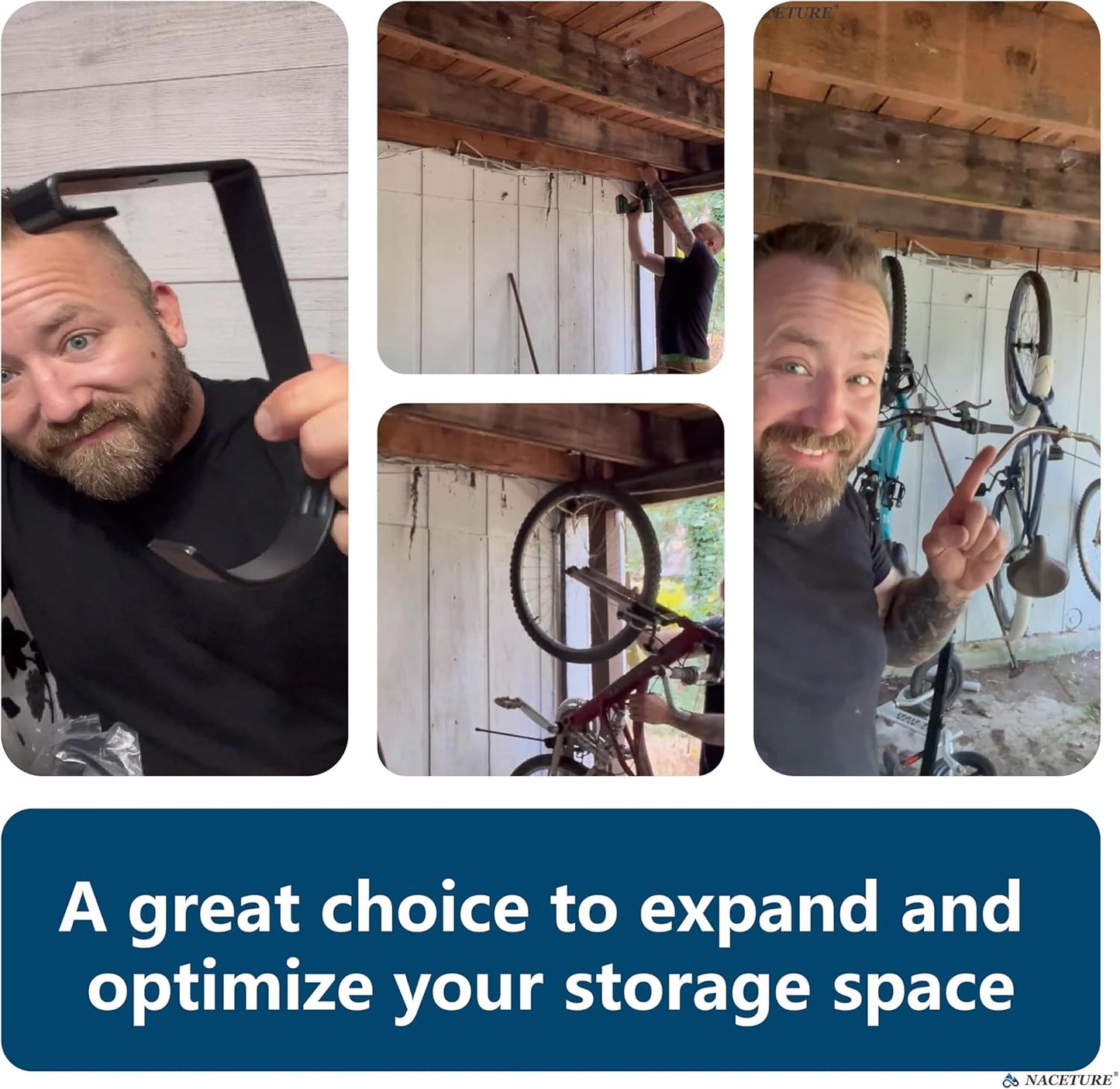 Bike Hooks for Garage Ceiling Mount Rack – Heavy Duty 4X8 Overhead Garage Storage Rack for Ceiling Hanging Bicycle Shelves, Add on Storage Flat Hooks Accessory and Wall Hanger (Z Style 4 Pack)