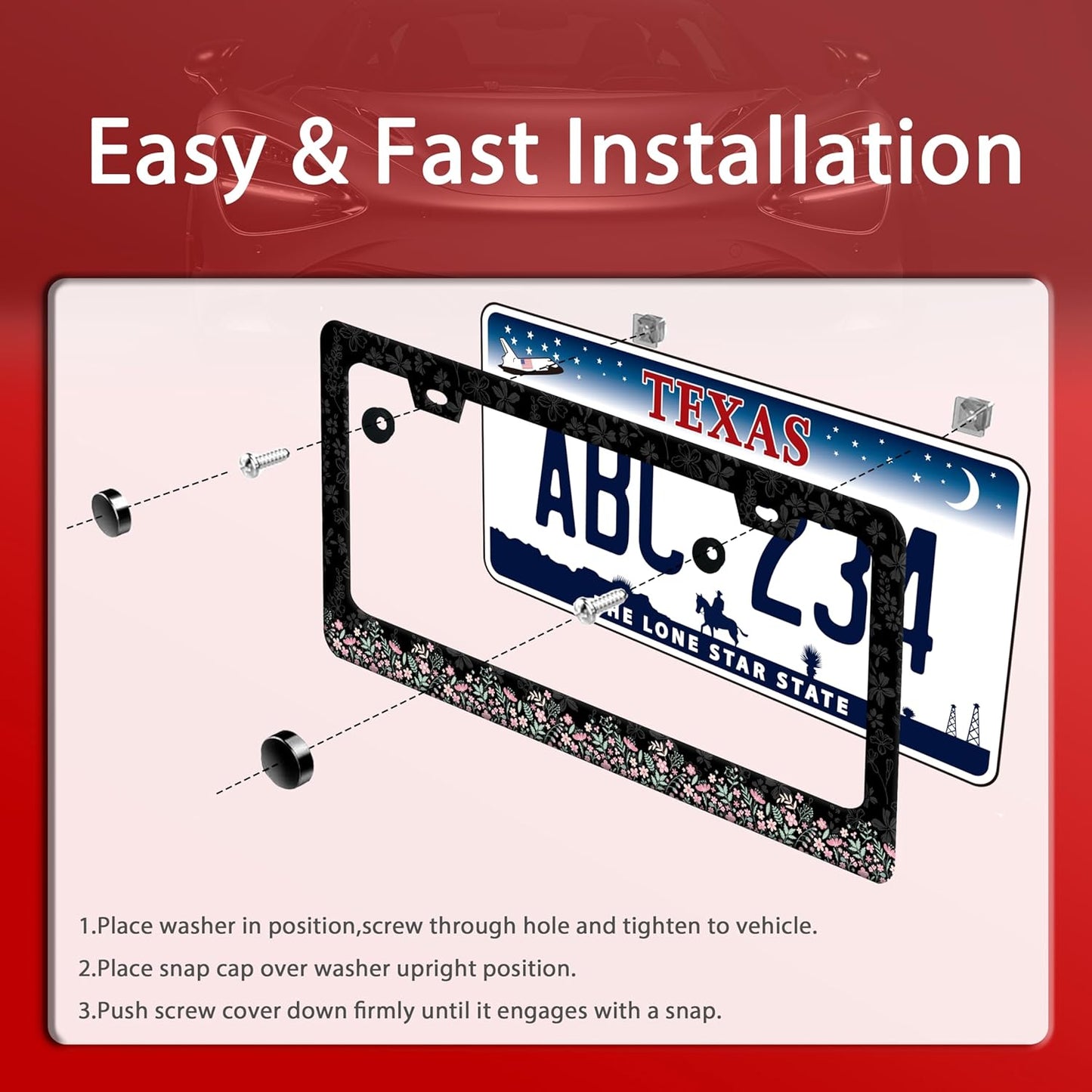 Cute Pink Flowers License Plate Frame Colorful Floral License Plate Frames Funny Auto Accessories Stainless Steel License Plate Holder 6x12 Inch